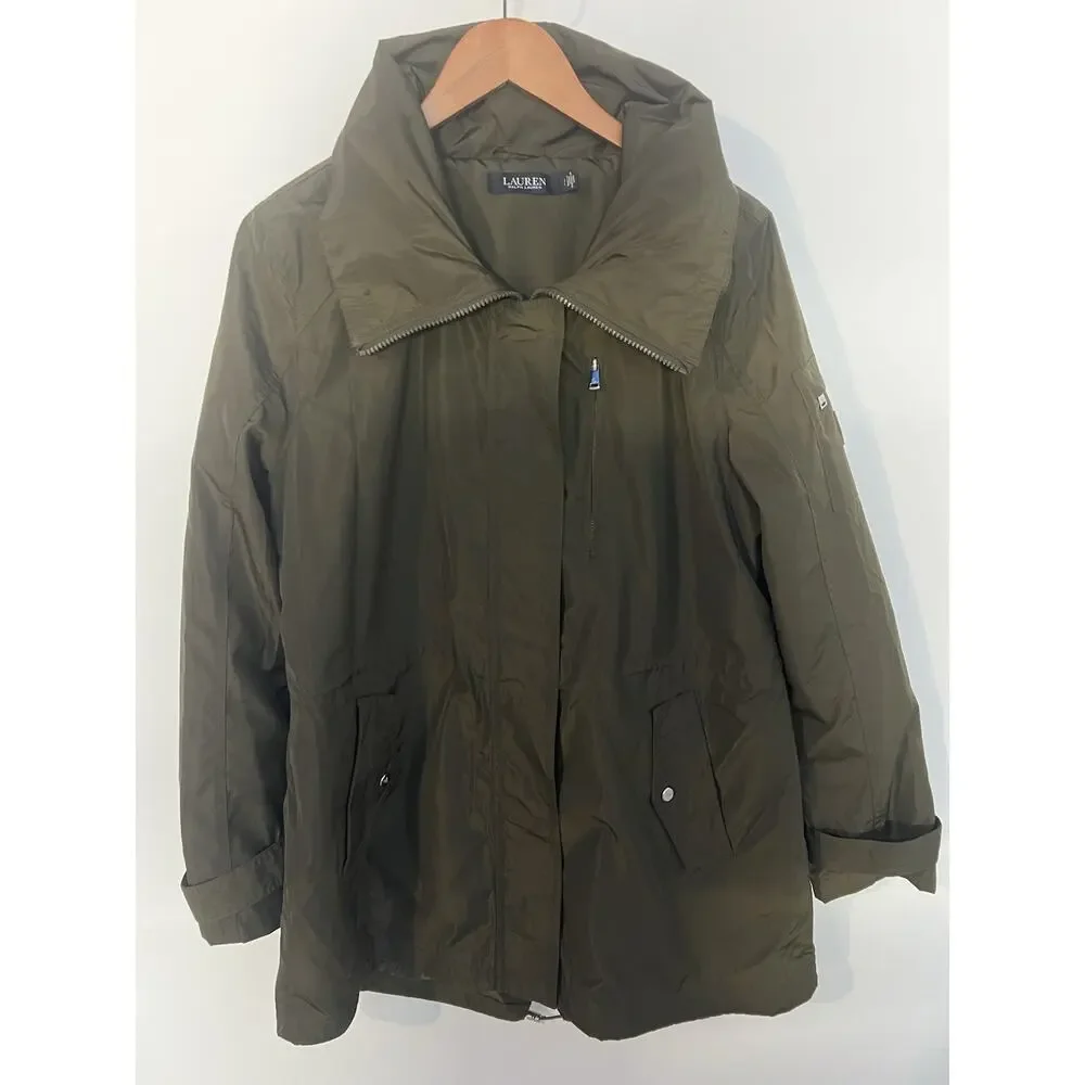 LAUREN Ralph Lauren green utility longline adjust waist stowaway hood logos L